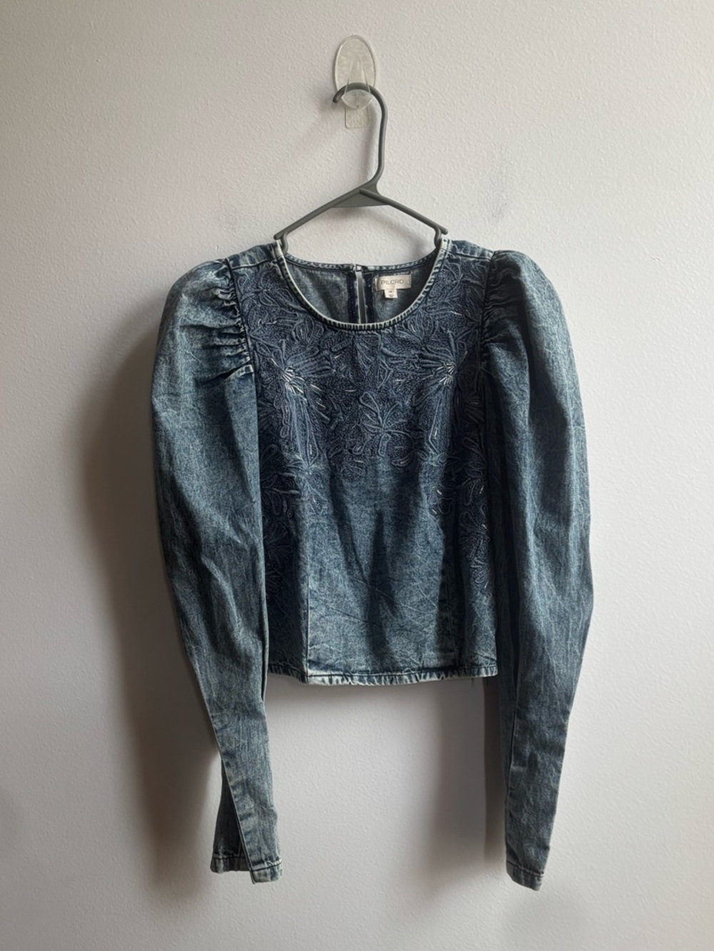 Pilcro | Embroidered Puff-Sleeve Denim Blouse - Picture 3 of 5